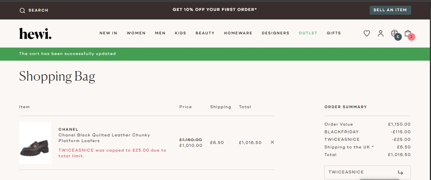 Hardly Ever Worn It promo code screenshot showing code TWICEASNICE applied at Hardly Ever Worn It checkout page. Uploaded by SimplyCodes community member coder_916642691 on Nov 29, 2025