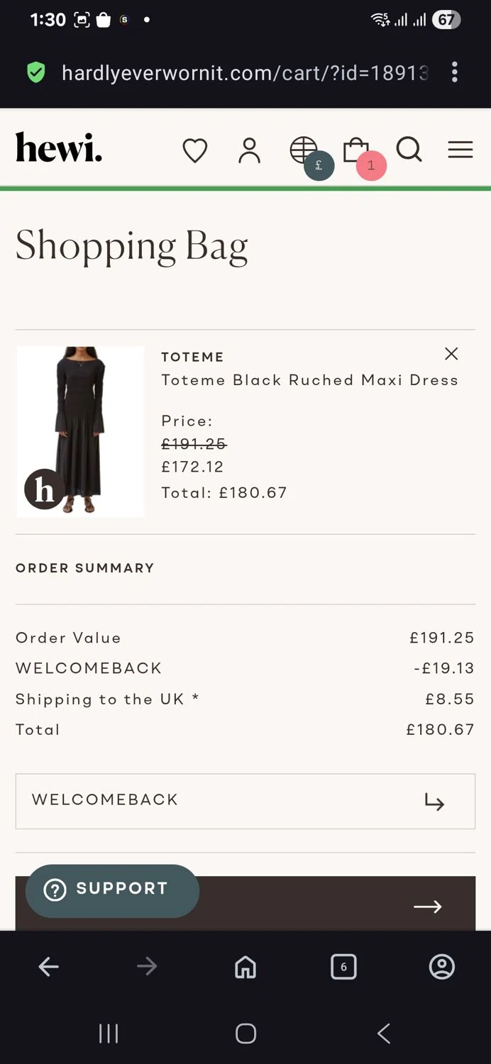 Hardly Ever Worn It promo code screenshot showing code Welcomeback applied at Hardly Ever Worn It checkout page. Uploaded by SimplyCodes community member vida5254427716958 on Aug 28, 2025