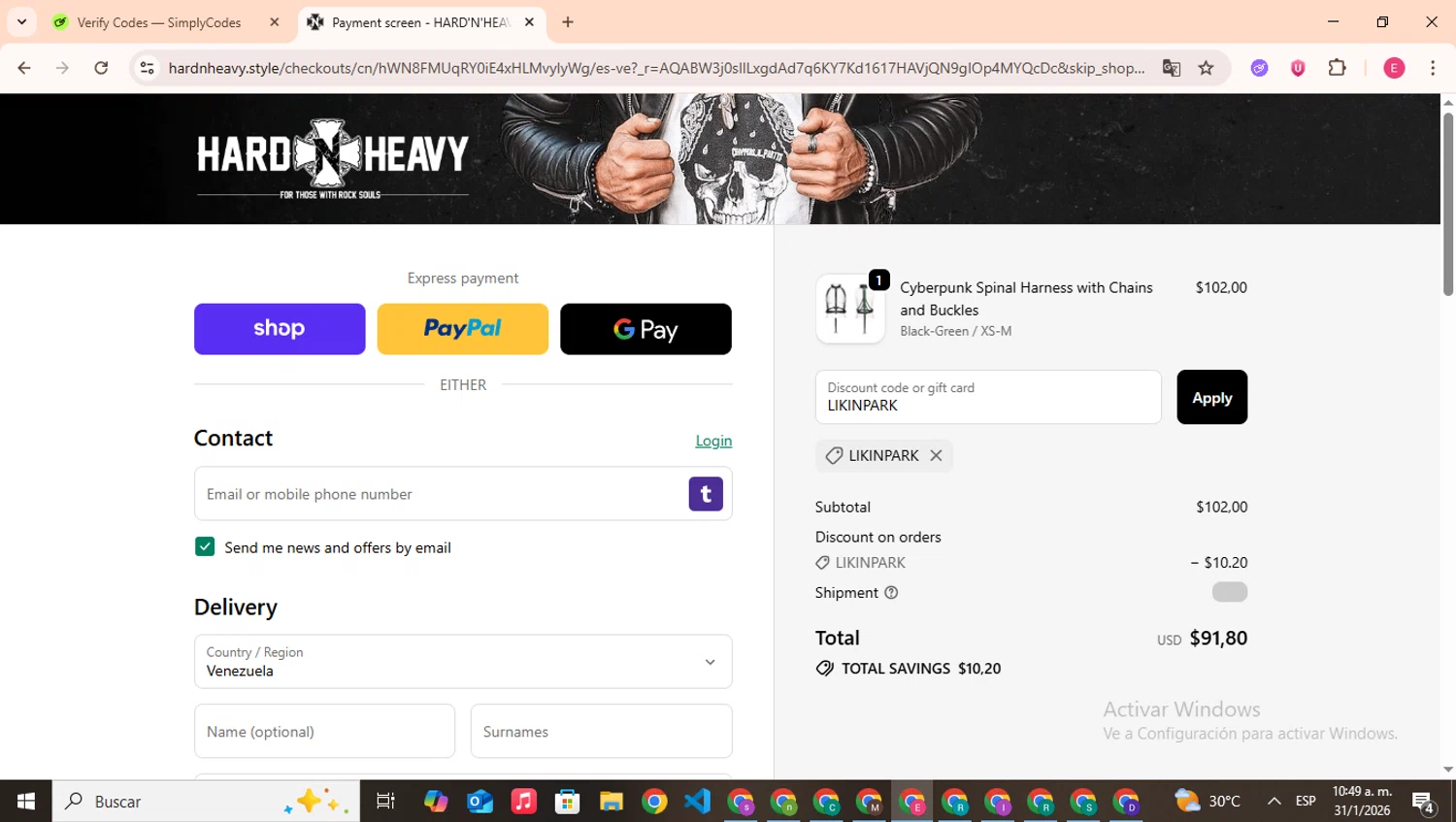 Hard’N’Heavy discount code screenshot showing code LIKINPARK applied at Hard’N’Heavy checkout page. Uploaded by SimplyCodes community member CouponHero7312 on Jan 31, 2026