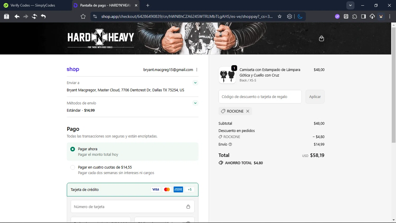 Hard’N’Heavy discount code screenshot showing code ROCKONE applied at Hard’N’Heavy checkout page. Uploaded by SimplyCodes community member Userr2 on Feb 12, 2026