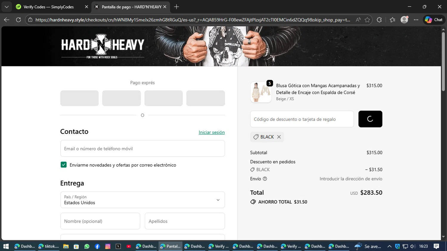 Hard’N’Heavy discount code screenshot showing code BLACK applied at Hard’N’Heavy checkout page. Uploaded by SimplyCodes community member AVAMUSTANG on Feb 3, 2026
