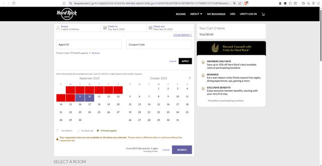 Hard Rock Hotel checkout page showing Hard Rock Hotel promo code box | Screenshot taken by SimplyCodes community member on Sep 10, 2025