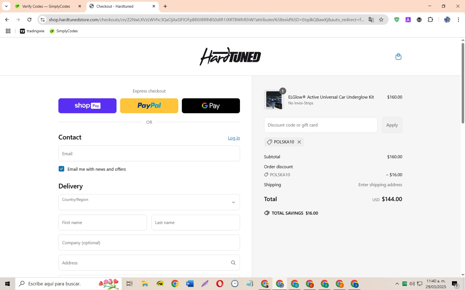 Hardtuned discount code screenshot showing code POLSKA10 applied at Hardtuned checkout page. Uploaded by SimplyCodes community member JoseH45 on Mar 29, 2025