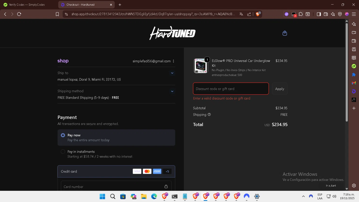 Hardtuned discount code screenshot showing code NADINE10 applied at Hardtuned checkout page. Uploaded by SimplyCodes community member DiscountExpert556 on Nov 19, 2025