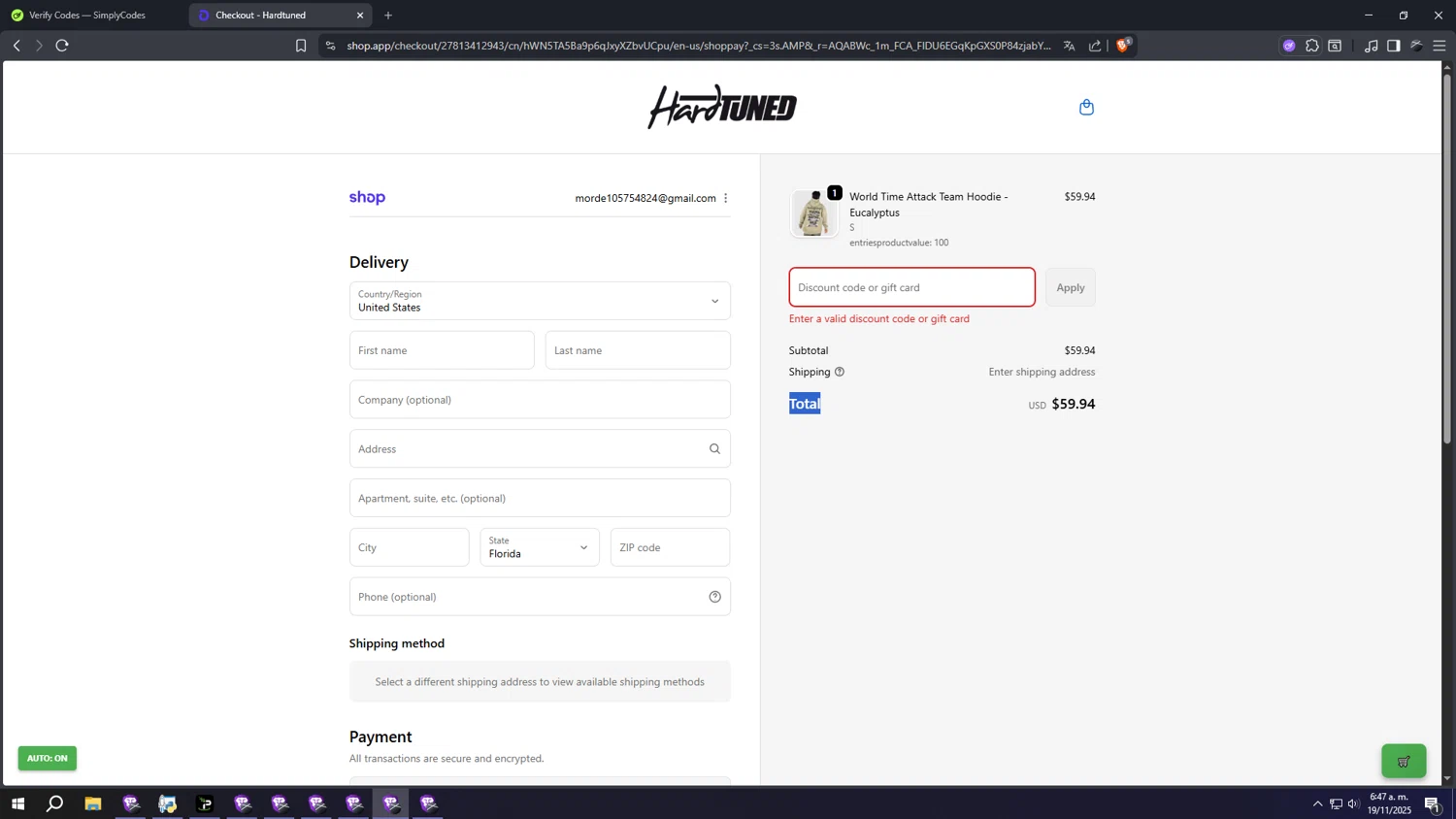 Hardtuned discount code screenshot showing code NADINE10 applied at Hardtuned checkout page. Uploaded by SimplyCodes community member fffffffffffffffffff on Nov 19, 2025