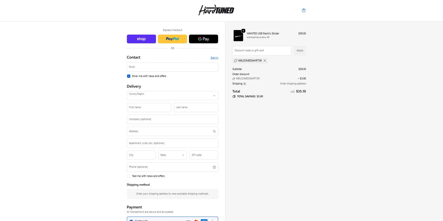 Hardtuned discount code screenshot showing code welcomeD54HFT3R applied at Hardtuned checkout page. Uploaded by SimplyCodes community member reggiesmith on Feb 18, 2026