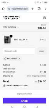 HOLIDAY25 coupon verification screenshot