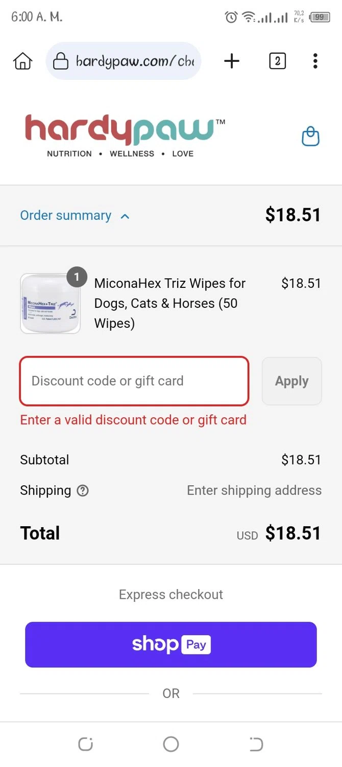 HardyPaw discount code screenshot showing code WELCOME15 applied at HardyPaw checkout page. Uploaded by SimplyCodes community member Jhoan06 on May 30, 2025