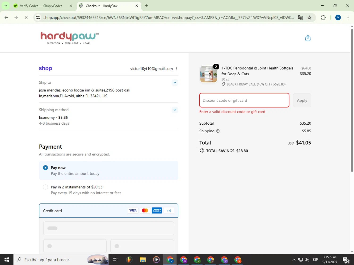 HardyPaw discount code screenshot showing code HARDYPAW15 applied at HardyPaw checkout page. Uploaded by SimplyCodes community member Garou_Y2K on Nov 9, 2025