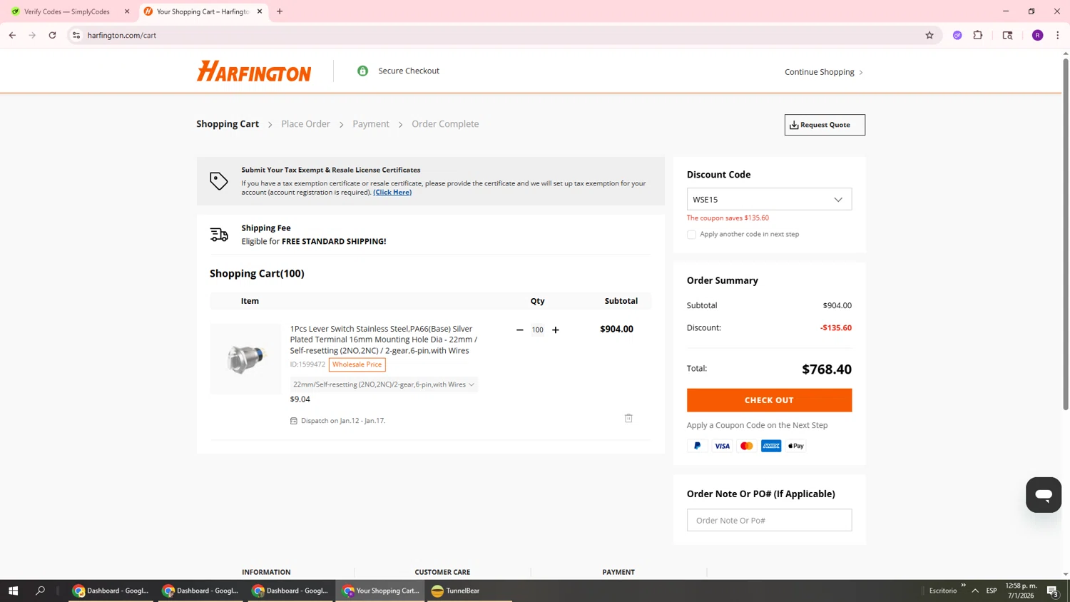 Harfington checkout page showing Harfington discount code box | Screenshot taken by SimplyCodes community member on Jan 7, 2026