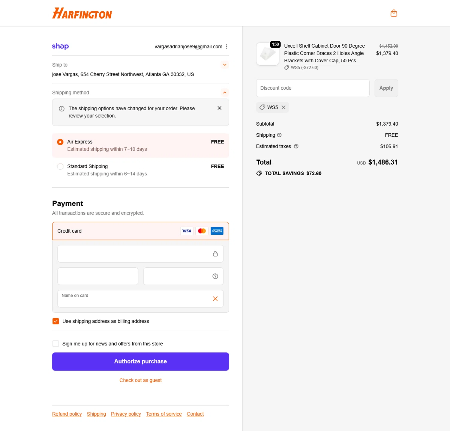 Harfington discount code screenshot showing code WS5 applied at Harfington checkout page. Uploaded by SimplyCodes community member WladimirV on Sep 30, 2025