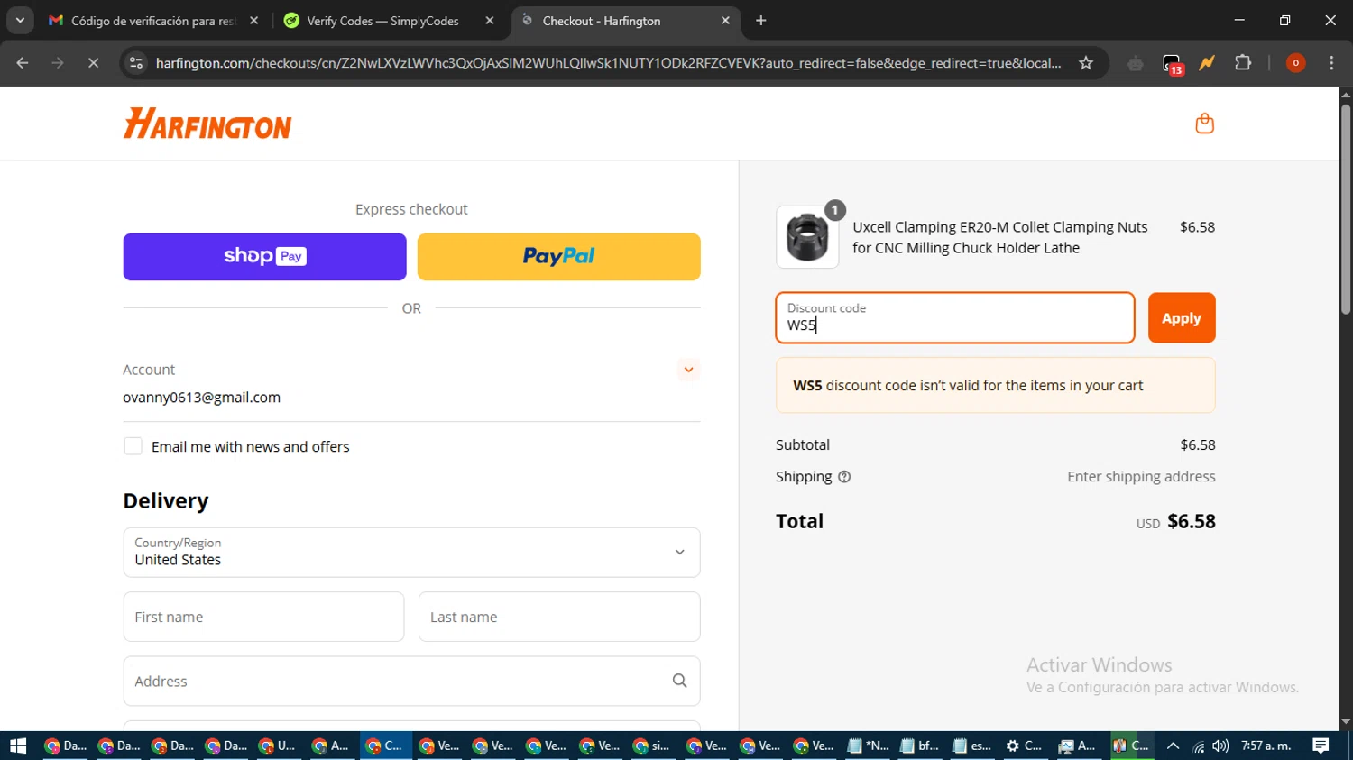 Harfington discount code screenshot showing code WS5 applied at Harfington checkout page. Uploaded by SimplyCodes community member WiseTracker2171 on Apr 19, 2025