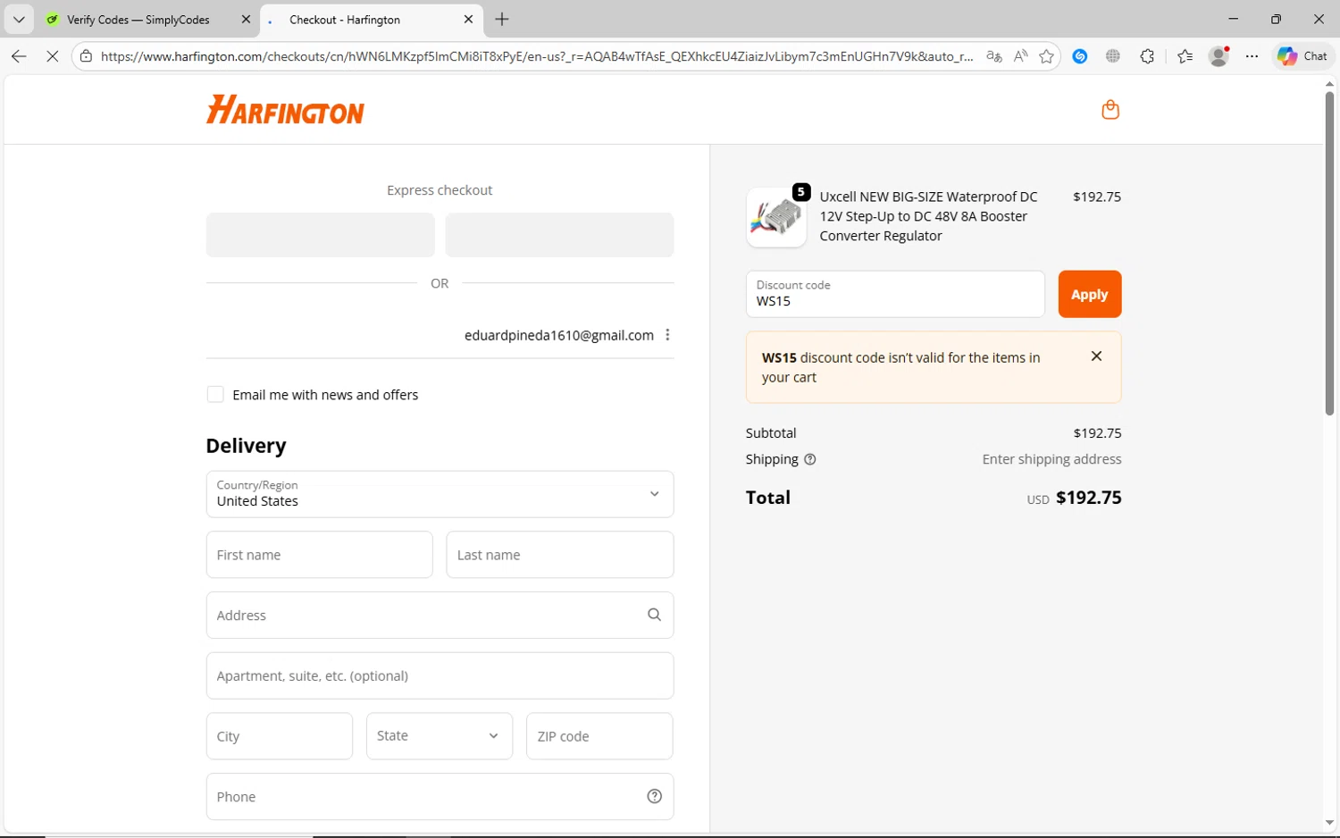 Harfington checkout page showing Harfington discount code box | Screenshot taken by SimplyCodes community member on Dec 12, 2025