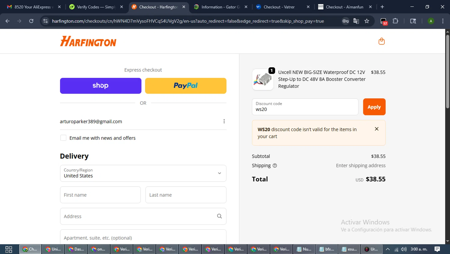 Harfington discount code screenshot showing code ws20 applied at Harfington checkout page. Uploaded by SimplyCodes community member CashLynx5338 on Oct 17, 2025