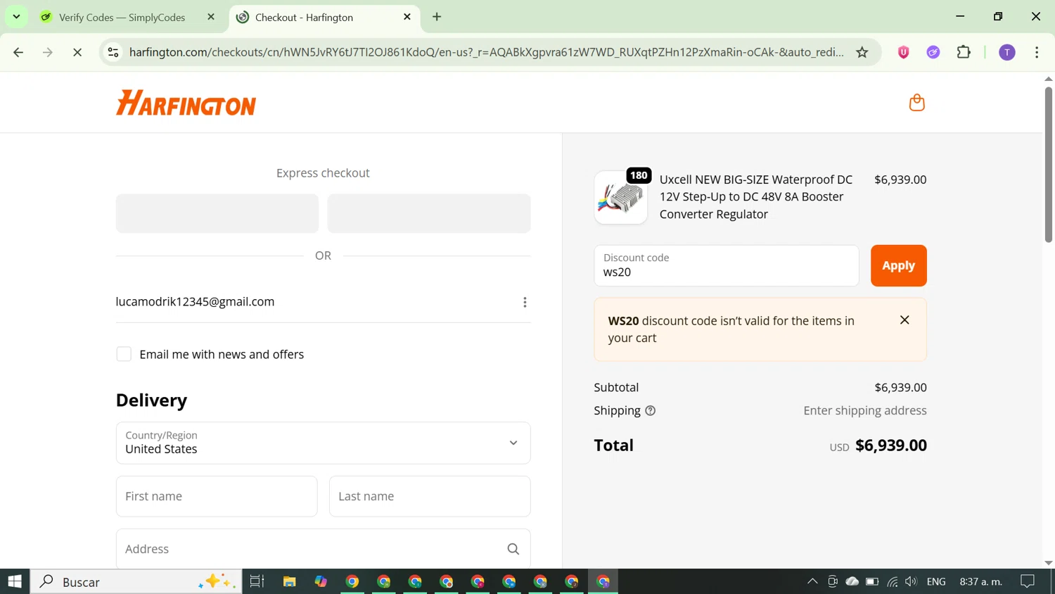 Harfington discount code screenshot showing code ws20 applied at Harfington checkout page. Uploaded by SimplyCodes community member FortunateCurator5882 on Nov 15, 2025