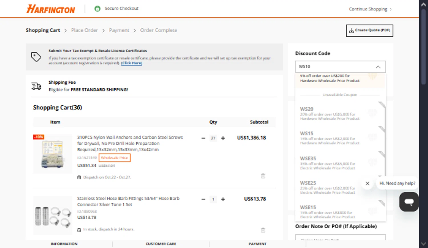 Harfington discount code screenshot showing code ws20 applied at Harfington checkout page. Uploaded by SimplyCodes community member TraxoGamer on Oct 17, 2025