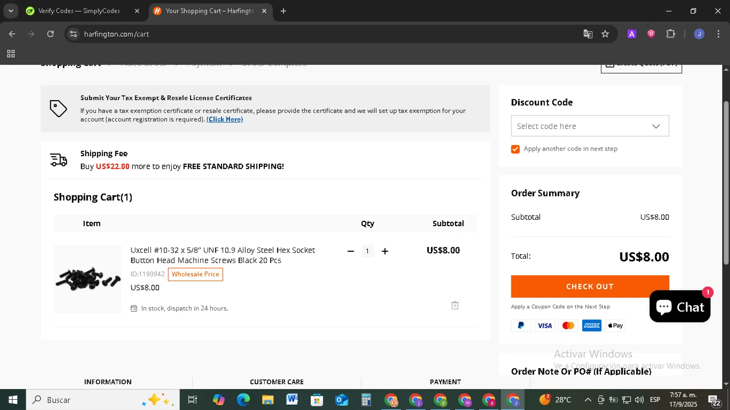 Harfington discount code screenshot showing code CAPITALONE12 applied at Harfington checkout page. Uploaded by SimplyCodes community member EpicSage3474 on Sep 17, 2025