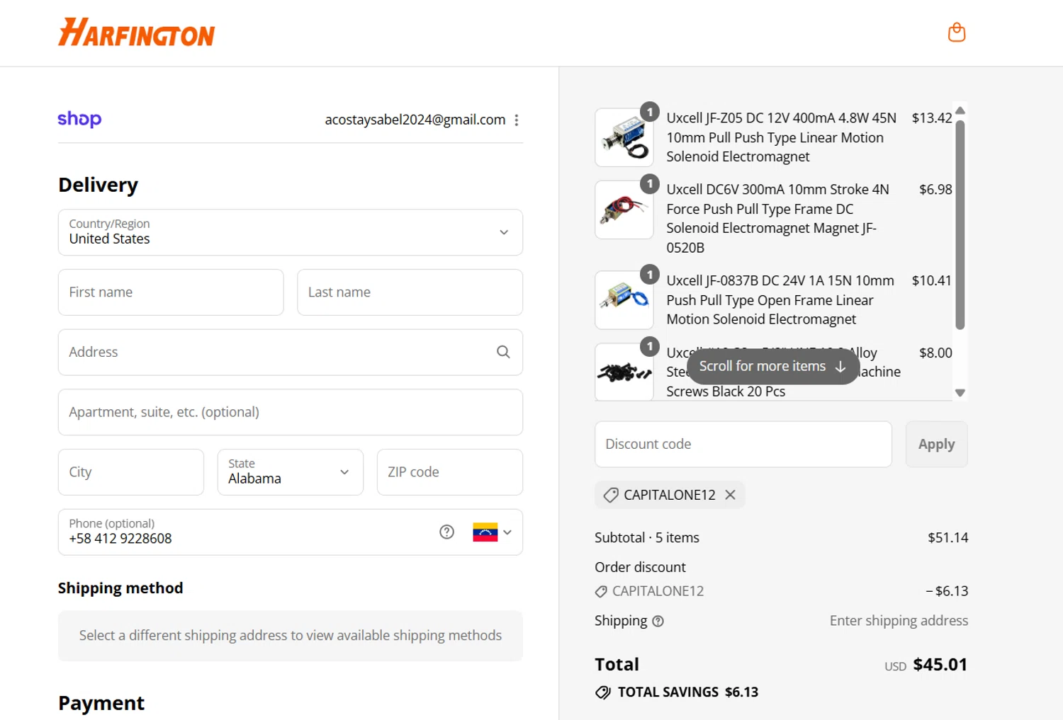 Harfington discount code screenshot showing code CAPITALONE12 applied at Harfington checkout page. Uploaded by SimplyCodes community member Gray_75 on Sep 17, 2025