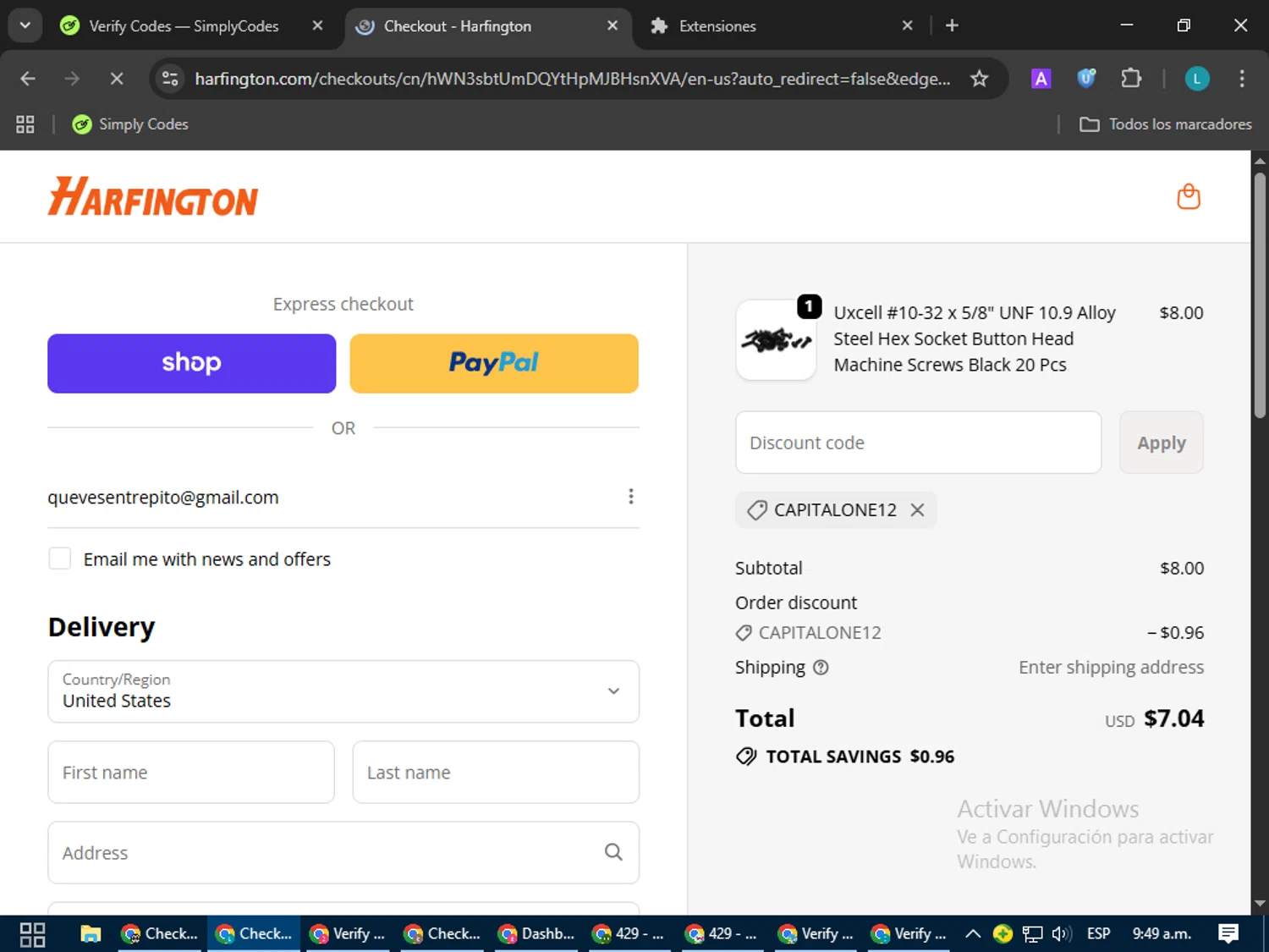 Harfington discount code screenshot showing code CAPITALONE12 applied at Harfington checkout page. Uploaded by SimplyCodes community member LuckyLegend792 on Oct 8, 2025