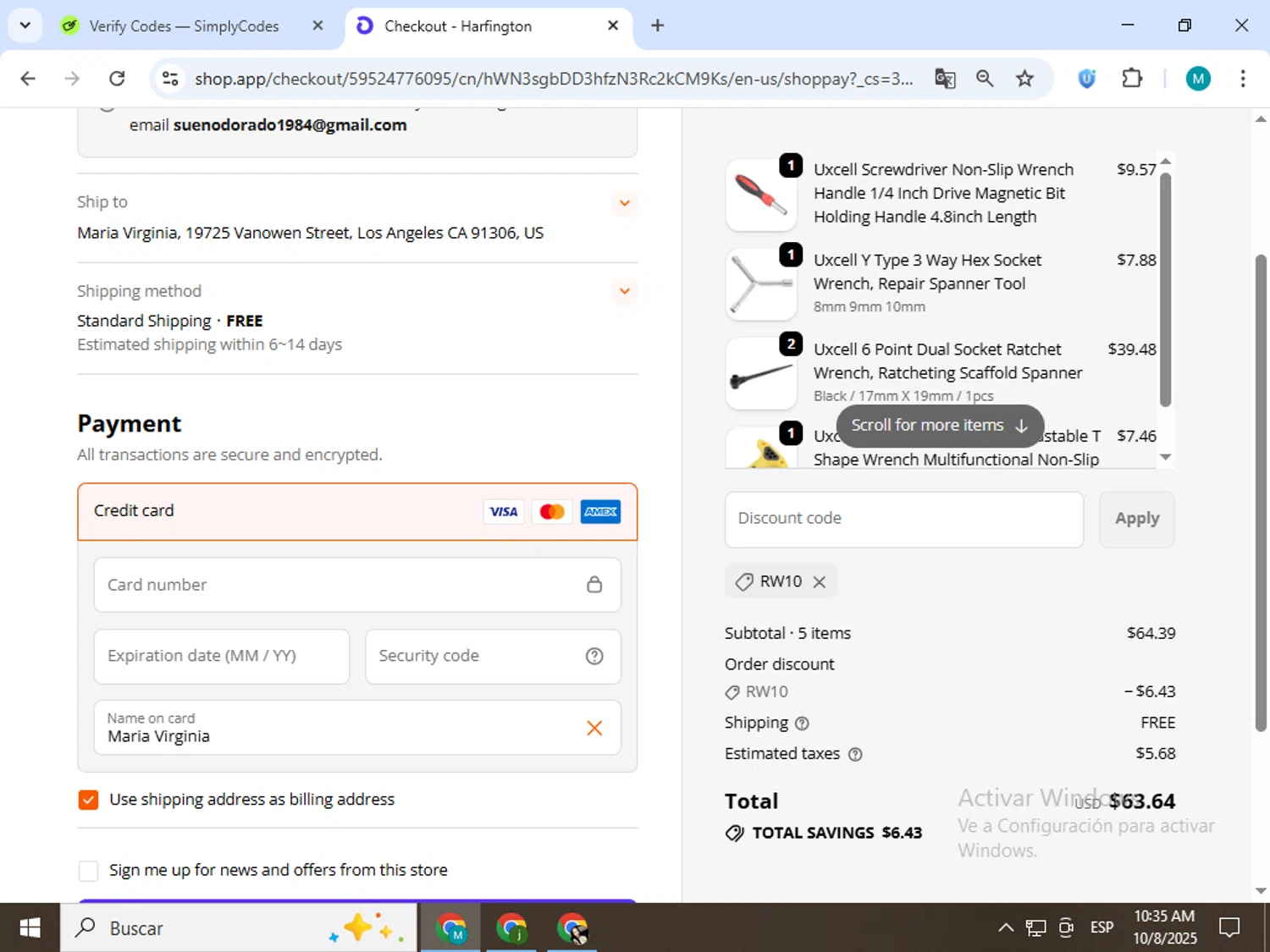 Harfington discount code screenshot showing code RW10 applied at Harfington checkout page. Uploaded by SimplyCodes community member estrellaveloz on Oct 8, 2025