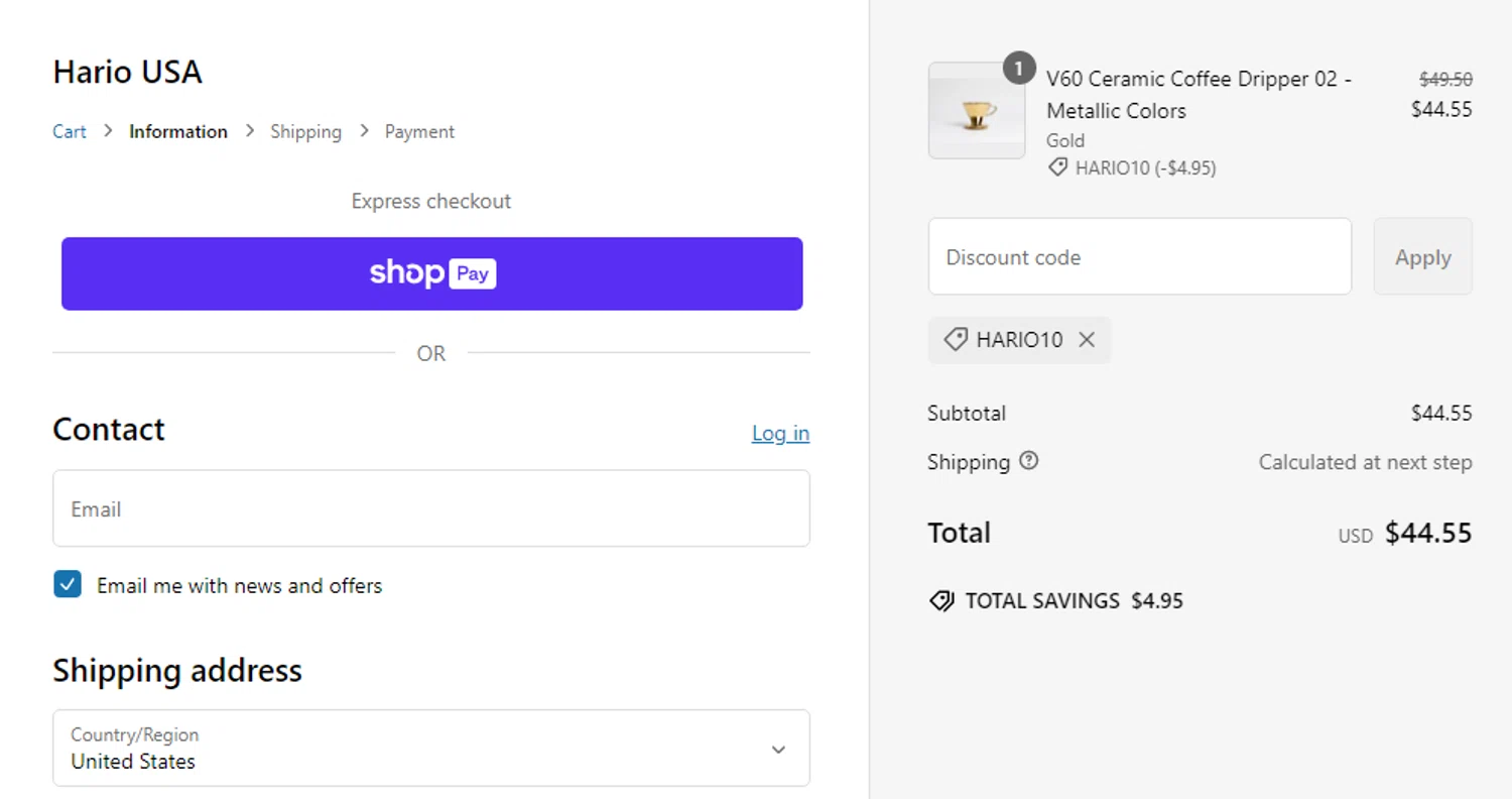 Hario USA discount code screenshot showing code HARIO10 applied at Hario USA checkout page. Uploaded by SimplyCodes community member MarkGrayson on Feb 19, 2025