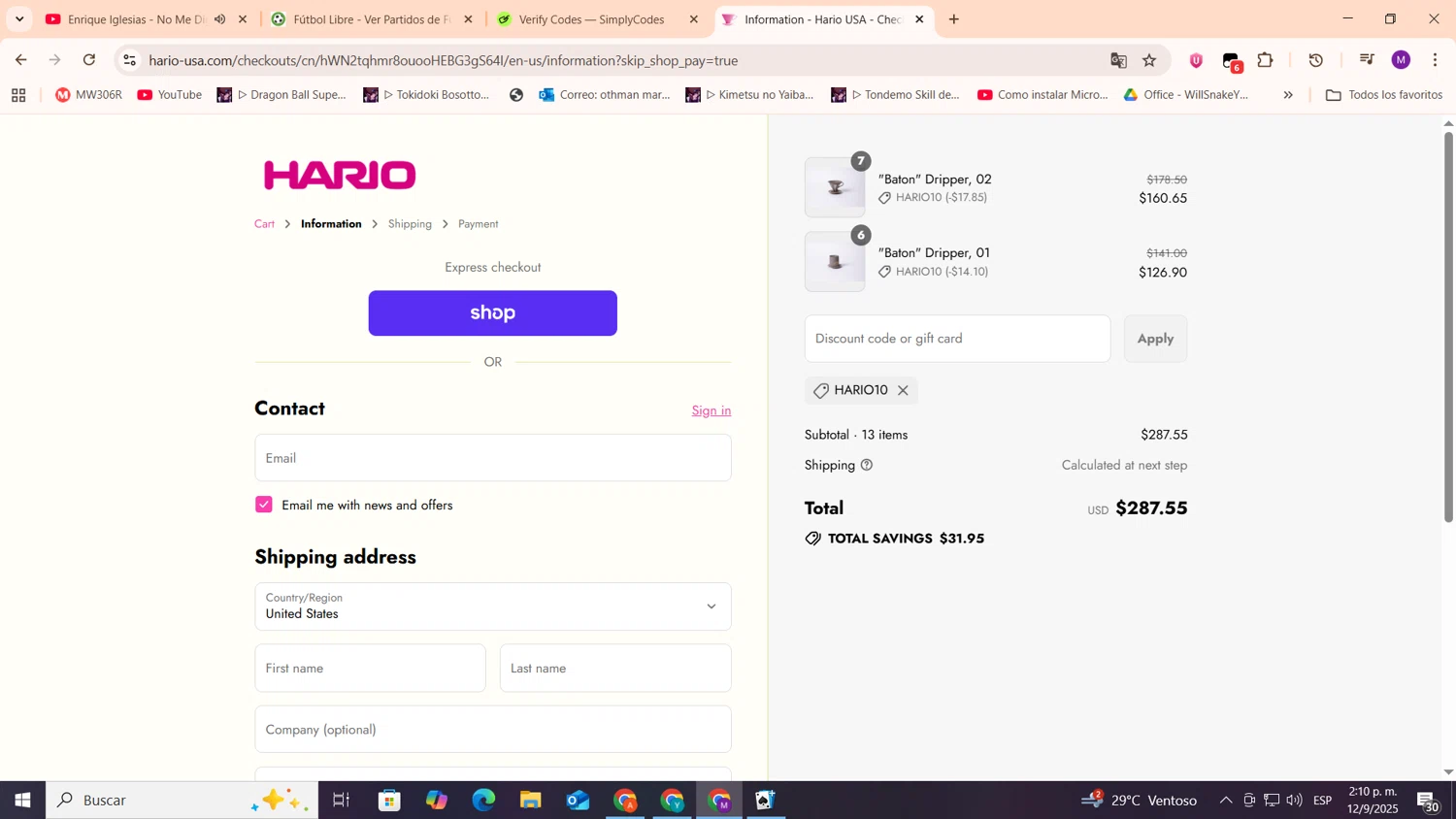 Hario USA discount code screenshot showing code HARIO10 applied at Hario USA checkout page. Uploaded by SimplyCodes community member cod_gakpo on Sep 12, 2025