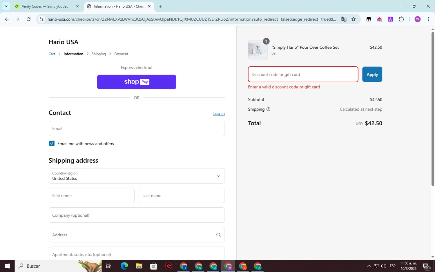 Hario USA discount code screenshot showing code NAMI15 applied at Hario USA checkout page. Uploaded by SimplyCodes community member SwiftScout6682 on Mar 10, 2025