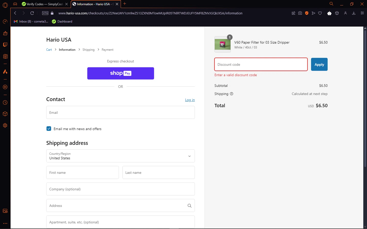 Hario USA discount code screenshot showing code NAMI15 applied at Hario USA checkout page. Uploaded by SimplyCodes community member ThriftyMaverick5752 on Jan 13, 2025