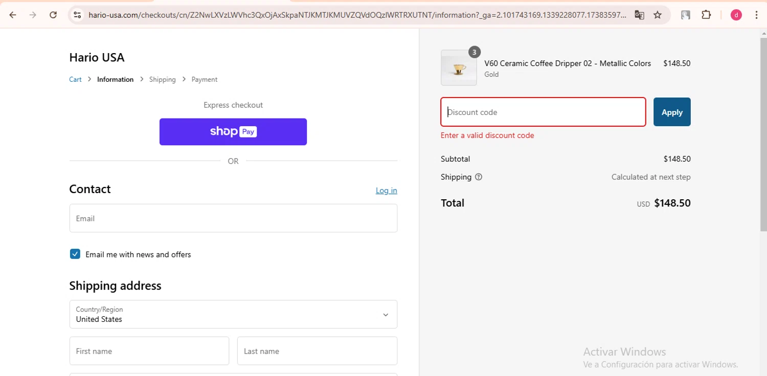 Hario USA discount code screenshot showing code HARIODAY15 applied at Hario USA checkout page. Uploaded by SimplyCodes community member LegendaryHunter6399 on Jan 31, 2025