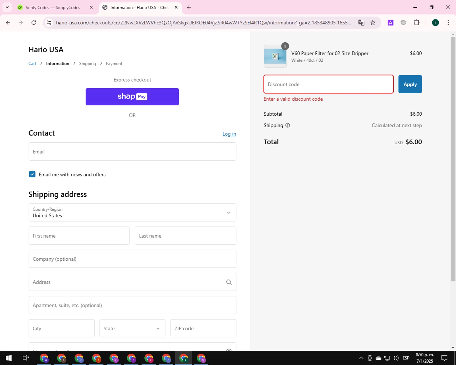Hario USA discount code screenshot showing code HARIODAY15 applied at Hario USA checkout page. Uploaded by SimplyCodes community member BrilliantSleuth9299 on Jan 8, 2025