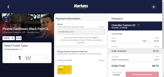 Harkins checkout page showing Harkins promo code box | Screenshot taken by SimplyCodes community member on Jul 18, 2023