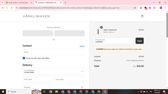 Hårklinikken US checkout page showing Hårklinikken US promo code box | Screenshot taken by SimplyCodes community member on Sep 8, 2025