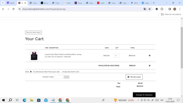 Harlem Globetrotters checkout page showing Harlem Globetrotters promo code box | Screenshot taken by SimplyCodes community member on Jan 13, 2024