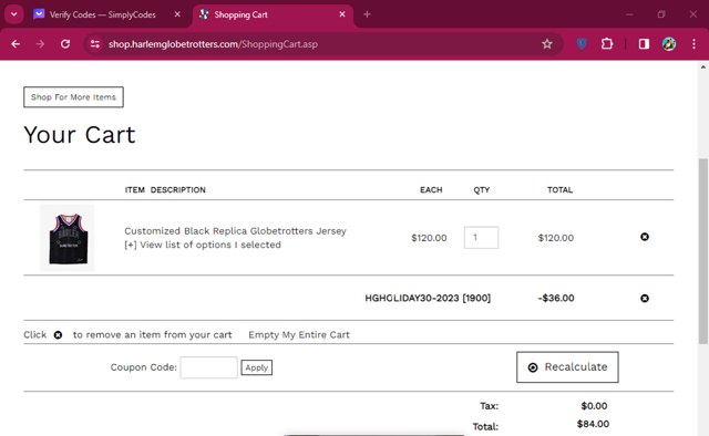 Harlem Globetrotters checkout page showing Harlem Globetrotters promo code box | Screenshot taken by SimplyCodes community member on Dec 28, 2023