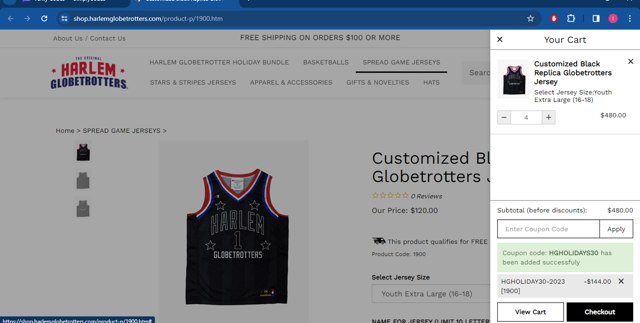 Harlem Globetrotters checkout page showing Harlem Globetrotters promo code box | Screenshot taken by SimplyCodes community member on Jan 17, 2024