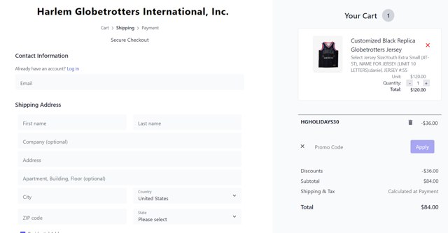 Harlem Globetrotters checkout page showing Harlem Globetrotters promo code box | Screenshot taken by SimplyCodes community member on Jan 4, 2024