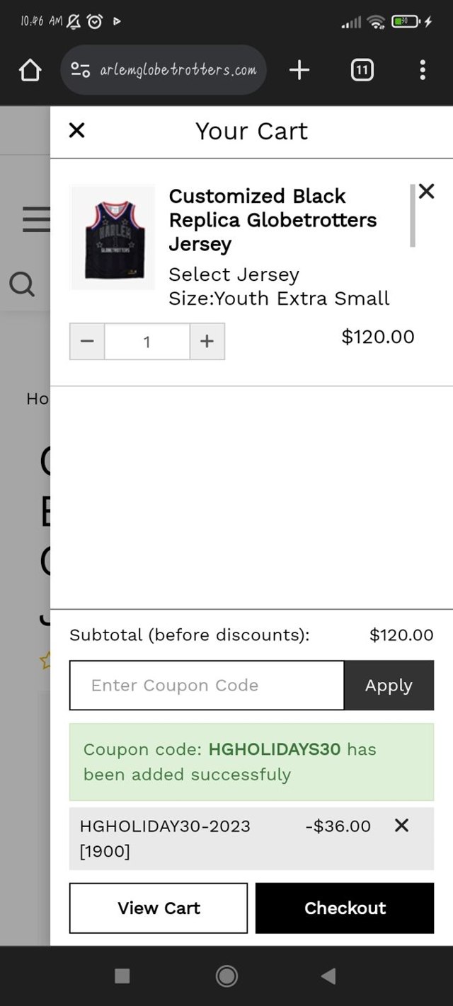 Harlem Globetrotters checkout page showing Harlem Globetrotters promo code box | Screenshot taken by SimplyCodes community member on Jan 16, 2024