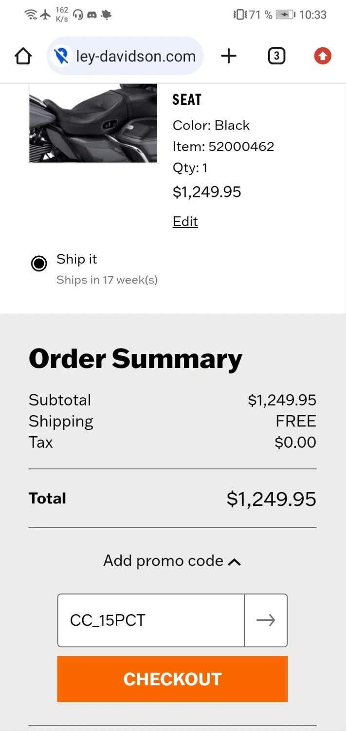 Harley-Davidson USA checkout page showing Harley-Davidson USA promo code box | Screenshot taken by SimplyCodes community member on May 23, 2024