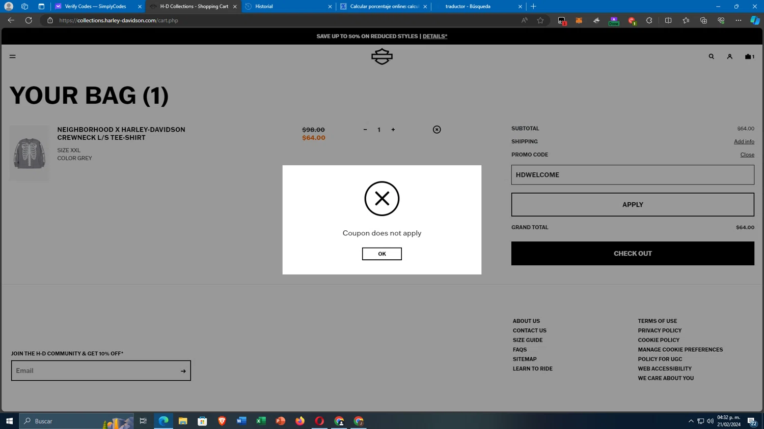 Harley-Davidson USA checkout page showing Harley-Davidson USA promo code box | Screenshot taken by SimplyCodes community member on Feb 21, 2024