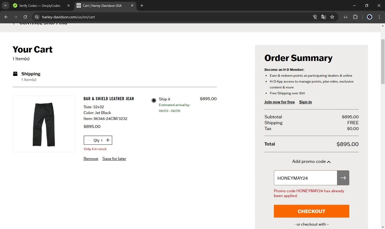 Harley-Davidson USA checkout page showing Harley-Davidson USA promo code box | Screenshot taken by SimplyCodes community member on May 26, 2024