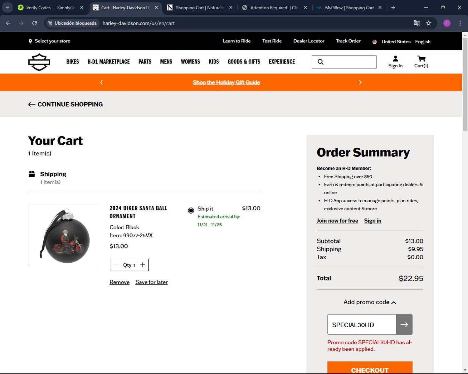Harley-Davidson USA checkout page showing Harley-Davidson USA promo code box | Screenshot taken by SimplyCodes community member on Nov 15, 2024