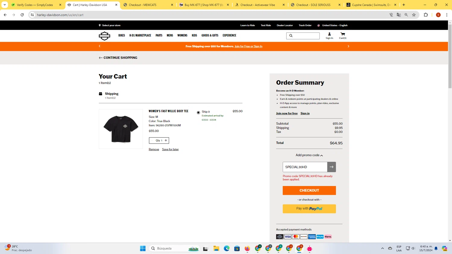 Harley-Davidson USA checkout page showing Harley-Davidson USA promo code box | Screenshot taken by SimplyCodes community member on Jul 15, 2024