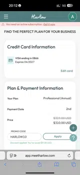 HARLOW10 coupon verification screenshot