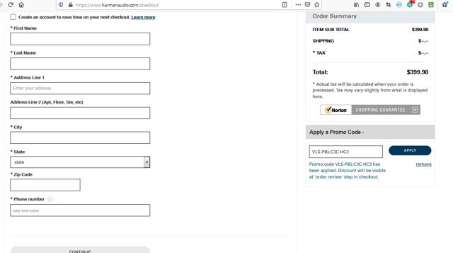 Harman Audio checkout page showing Harman Audio promo code box | Screenshot taken by SimplyCodes community member on Dec 20, 2020