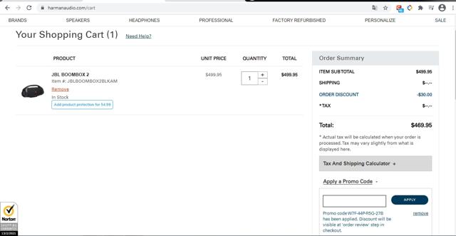 Harman Audio checkout page showing Harman Audio promo code box | Screenshot taken by SimplyCodes community member on Feb 13, 2021
