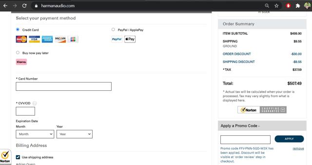 Harman Audio checkout page showing Harman Audio promo code box | Screenshot taken by SimplyCodes community member on Dec 19, 2020