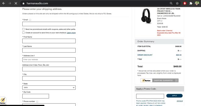 Harman Audio checkout page showing Harman Audio promo code box | Screenshot taken by SimplyCodes community member on Dec 23, 2020