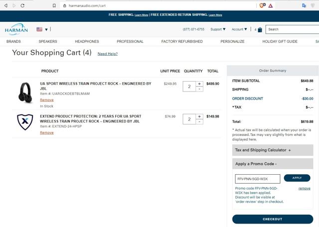 Harman Audio checkout page showing Harman Audio promo code box | Screenshot taken by SimplyCodes community member on Dec 18, 2020