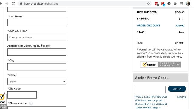 Harman Audio checkout page showing Harman Audio promo code box | Screenshot taken by SimplyCodes community member on Dec 21, 2020