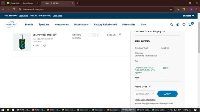 Harman Audio checkout page showing Harman Audio promo code box | Screenshot taken by SimplyCodes community member on Sep 19, 2024